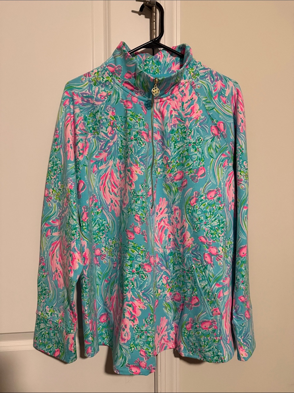 Lilly Pulitzer Aqua Floral Zip-Front Popover with Pink & Green Accents